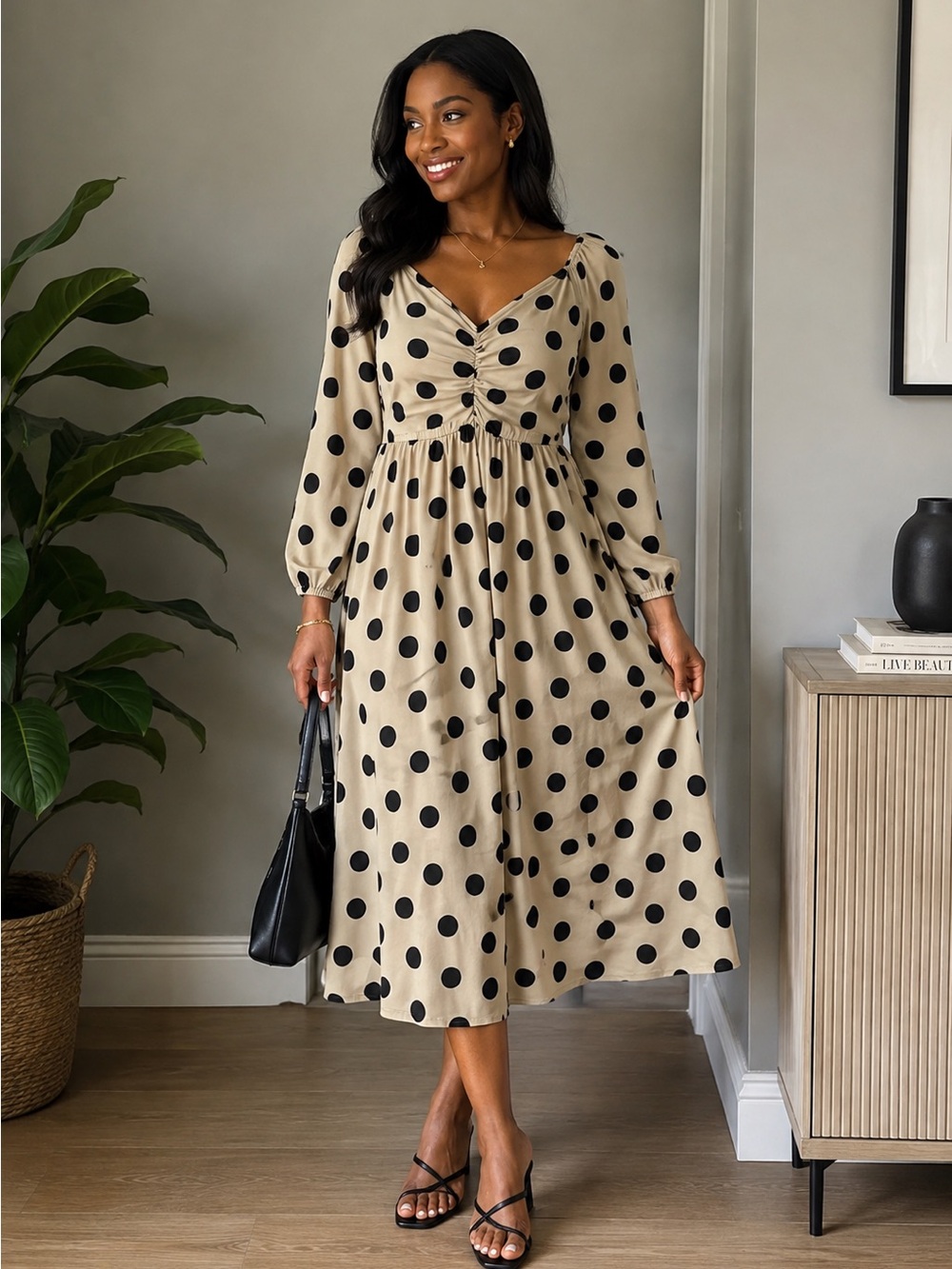 Beige Polka Dot Midi Dress with Long Sleeves